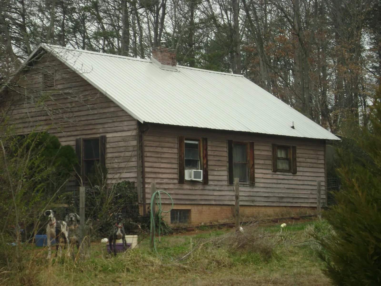 White metal roof on an old wood sided farmhouse, from a Asphalt Shingle Roof Repair job in Double Springs